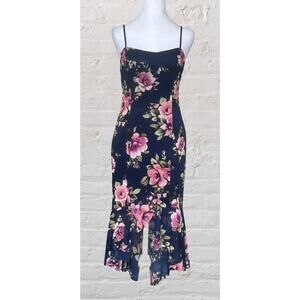 Charlotte Russe Y2K Black Floral Print Midi Dress Sz M Dark Fairy Whimsigoth